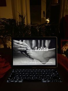 an open laptop computer sitting on top of a red blanket next to a potted plant