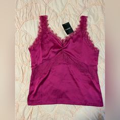 A Sheeny Woven Tank Top Featuring Eyelash Lace Trim, V-Neckline And Back Cut, Ruched Chest Design, And A Vented Hem. Size Small, Color Is Magenta. Sleeveless Tops For Date Night From Forever 21, Forever 21 Tops For Date Night, Flirty Camisole Top For Date Night, Trendy Camisole Top For Date Night, Forever 21 Tops For Night Out, Chic Forever 21 Tank Top For Night Out, Flirty V-neck Camisole For Night Out, Forever 21 Cami Top For Party, Forever 21 Camisole For Night Out