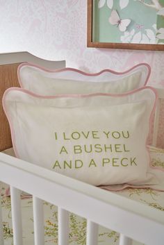 two pillows sitting on top of a white crib