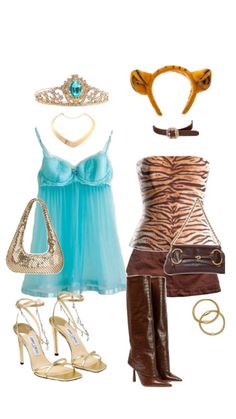 several different types of clothes and accessories including shoes, handbags, purses and tiara