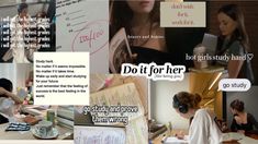 a collage of photos with people writing and talking to each other in the background