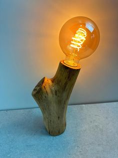 a light bulb sitting on top of a tree stump