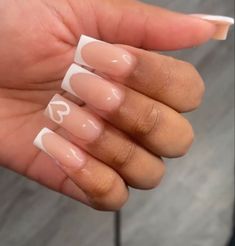 White Fresh Tip Nails, Love Heart Nail Designs, Nail Designs With The Letter J, French Tip Ideas Square, Short Cute Birthday Nails, Square Acrylic Nails Valentines, Acrylic Nail Square, Acrylic Nail Designs Long Square, Medium Curved Acrylic Nails