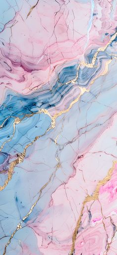 an abstract painting with pink, blue and gold paint on it's surface is shown