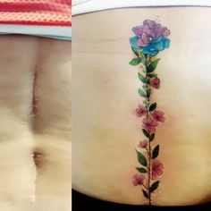 the back of a woman's stomach with flowers on it and an image of a flower