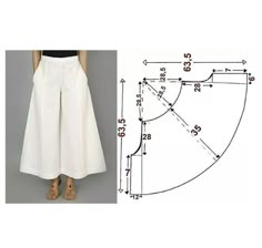 a woman's white pants with measurements on the bottom and side, next to an image of her legs