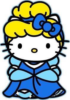 hello kitty sitting on the ground with her hair in a bunt and blue dress