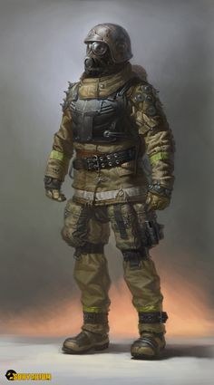 an artist's rendering of a man in a gas mask and suit, standing with his hands on his hips