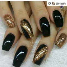 Black And Gold Nails, Bronze Nails, Nails With Glitter, Gold Nail Designs, Gold Nail, Super Nails, Pretty Nail Art, Fancy Nails