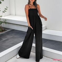 Qteee - Solid Color Sleeveless Pleated Casual High-Waisted Jumpsuit High-waist Cotton Strapless Jumpsuit For Summer, High Waist Cotton Strapless Jumpsuit For Summer, High Waist Strapless Cotton Jumpsuit For Summer, Summer Cotton Strapless Jumpsuit With High Waist, Casual Cotton Strapless Jumpsuit For Summer, Casual Cotton Strapless Fitted Jumpsuit, Fitted Strapless Sleeveless Jumpsuit With Pockets, Fitted Strapless Jumpsuit With Pockets, Stretch Strapless Jumpsuit For Vacation