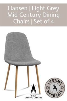 a grey chair with wooden legs and the words hansen light grey mid century dining chairs set of 4