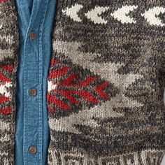 a close up of a sweater with red, white and blue designs on it