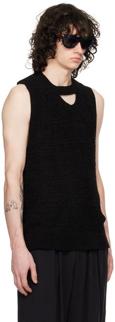 Textured knit tencel-blend vest. · Cutout at rib knit crewneck · Rib knit hem and armsyces · Twisted detailing at back Supplier color: Black Louis Gabriel Nouchi, Knit Crewneck, Textured Knit, Mens Coats, Rib Knit, Apparel Accessories, Shirts Tops, Twist, Crew Neck