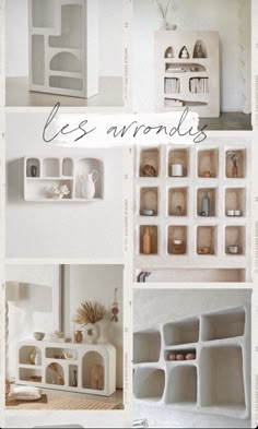 there are many different shelves in the room and one is made out of white cardboard