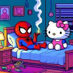 hello kitty and spider - man in their bedroom with the cat sitting on the bed