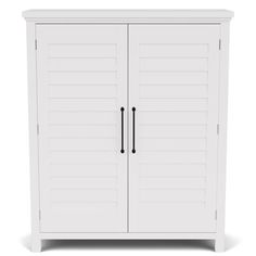 a white cabinet with two doors and black handles