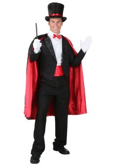 a man in a top hat and red cape is holding a cane while wearing a black suit