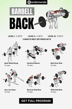 the barbell back workout is shown with instructions for how to do it and how to use