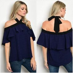 Navy Black Top 100% Polyester Chic Navy Party Top, Chic Navy Top For Party, Chic Navy Tops For Party, Chic Navy Top For Day Out, Casual Blue Top For Date Night, Red Ruffle Top, Pleated Chiffon Blouse, Junior Shirts, Gingham Tops