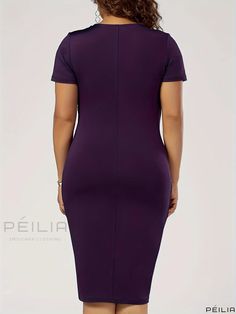 Peilia - Womens Plus Size Sophisticated Midi Dress with Short Sleeves, Surplice Neckline, Solid Metal Embellishment, and Slightly Stretchy Bodycon Design Elegant Purple Stretch Bodycon Dress, Elegant Stretch Purple Midi Dress, Elegant Purple Stretch Midi Dress, Purple Stretch Bodycon Dress For Formal Occasions, Elegant Stretch Purple Mini Dress, Elegant Purple Stretch Mini Dress, Elegant Solid Purple Dresses, Elegant Short Sleeve Solid Color Bodycon Dress, Elegant Purple Knee-length Bodycon Dress