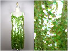 "This is a stunning sequined party dress! It's fully embellished with bright lime green paillette sequins and is in excellent condition! Measurements: Bust - 36\" Waist - 29\" Hips - 38\" Length - 36\" This dress comes from a pet-free and smoke-free home. If you would like more info or have any questions, please don't hesitate to ask!" Spring Contrast Sequin Fabric For Cocktail, Contrast Sequin Fabric For Summer Cocktail Events, Green Sequin Cocktail Dress For Holidays, Holiday Green Sequin Cocktail Dress, Green Sequined Holiday Dress, Holiday Green Sequined Dresses, Green Glamorous Sequin Fabric For Party Season, Glamorous Green Sequin Fabric For Party Season, Fitted Green Sequin Dress With Contrast Sequins