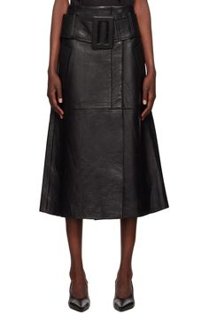 REMAIN Birger Christensen: Black Bonded Leather Midi Skirt | SSENSE Fitted Leather Belted Skirt, Black Leather Skirt With Pockets, Leather Skirt With Belt Loops For Fall, Chic Leather Skirt With Belt Loops, Leather Midi Skirt, Belt Buckles, Midi Skirt, Leather, Black