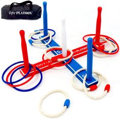 a group of red, white and blue toys with ropes