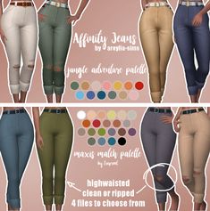 three images of different colored pants with the words,'high waisted jeans '