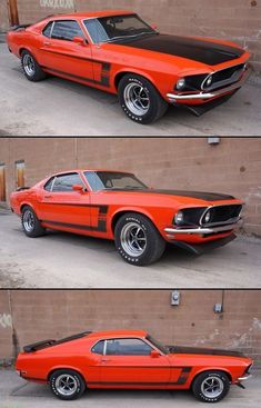 three different views of an orange muscle car with black stripes on the front and side