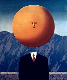 a painting of a man with an orange on his head