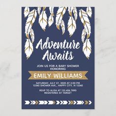 the adventure awaits baby shower is shown in gold and blue with feathers on it