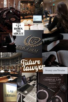 a collage of photos with books, laptops and other items in them that include the law library