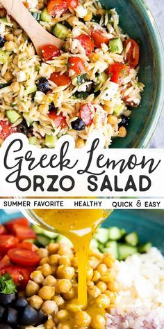 greek lemon orzo salad in a bowl with olives and tomatoes