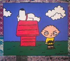 a painting of a boy standing in front of a doghouse with snoopy on it