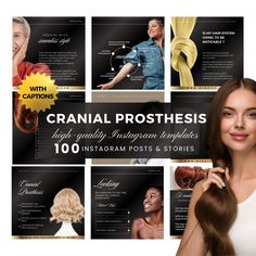 a woman with long hair in front of several postcards that say cranial prosthesiss