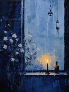 a painting of flowers and a candle on a window sill with a blue background