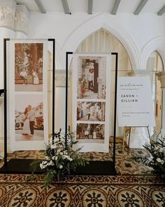 three pictures on display in a room with floral arrangements and flowers next to the photo