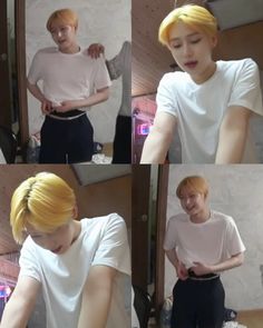 four pictures of a man with blonde hair and wearing a white t - shirt looking at his cell phone