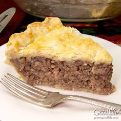 a piece of meat and cheese pie on a plate with a fork next to it