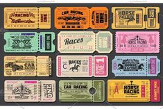 colorful movie ticket templates with the words race and horse racing written on each one