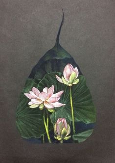 a painting of pink flowers and green leaves on a black background with grey paper underneath