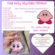 a hand holding a pink crochet charm with the words, free keychain pattern