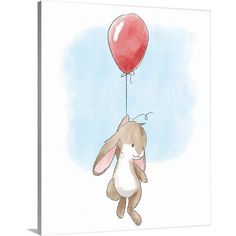 a drawing of a bunny holding a red balloon in the air with its nose open