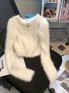 Color: White, Size: One Size Y2k Outfits Summer, Cropped Sweaters, Autumn Woman, Fluffy Sweater, 2000s Aesthetic, Zip Cardigan, Y2k Outfits, Collars For Women, Women Sleeve