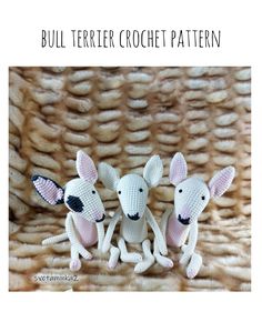 three crocheted mice sitting next to each other in front of a basket with text overlay that reads, bull terrier crochet pattern