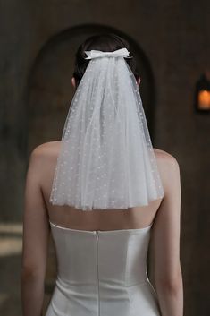 the back of a bride's wedding dress with a veil on her head