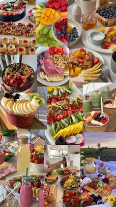 a collage of pictures with different types of food and drinks on the table in front of them