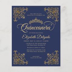 an elegant quinceaueria birthday party card with gold foil on navy blue paper