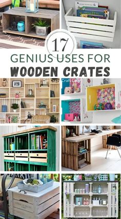 wooden crates with text overlay that says 17 genius uses for wooden crates in the home