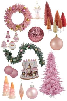 pink christmas decorations and ornaments are arranged on a white background